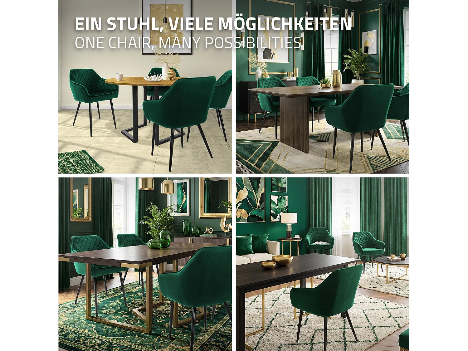 ML-Design 6x Sillas de comedor color verde oscuro en tapizado de terciopelo sillones con respaldo alto asientos modernos con patas de metal negro