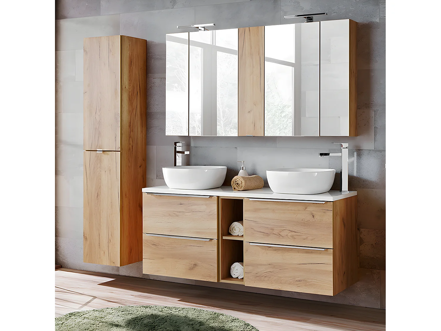 Meuble sous-vasque 140cm 2 niches April Bois et Blanc