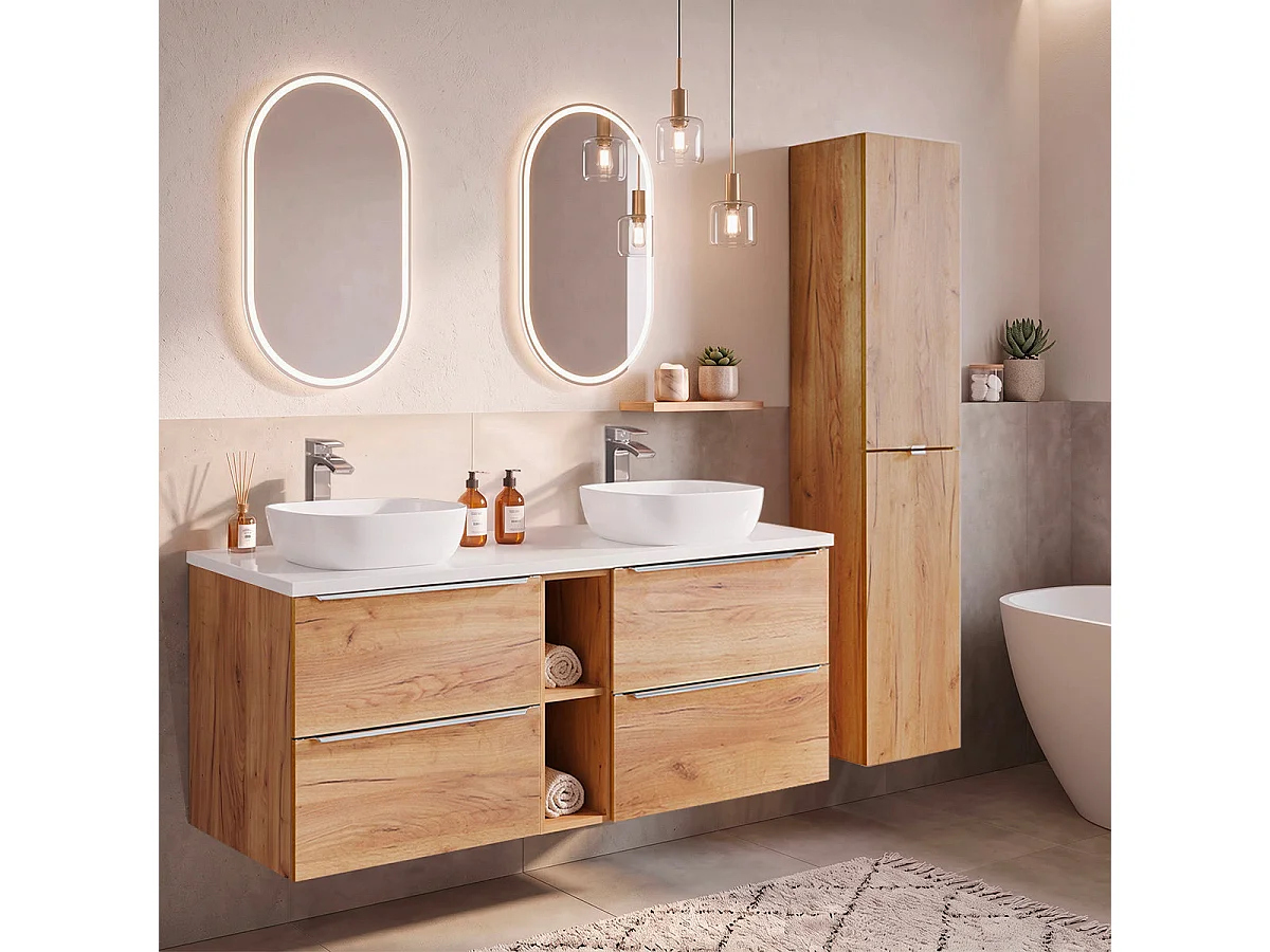 Meuble sous-vasque 140cm 2 niches April Bois et Blanc