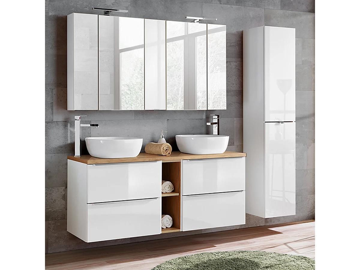 Double basin unit 140cm 2 niches April White and Wood