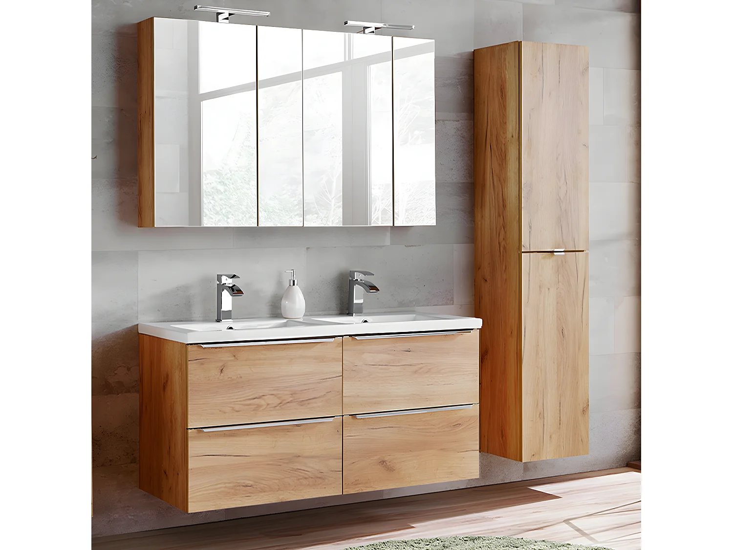 Ensemble meuble double vasque encastrée 120cm et colonne April Bois