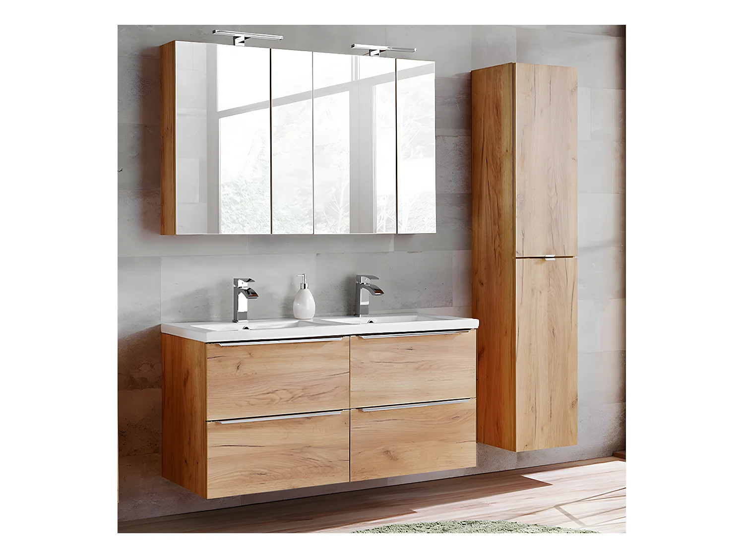 Conjunto mueble lavabo doble encastrado 120cm y columna April Madera