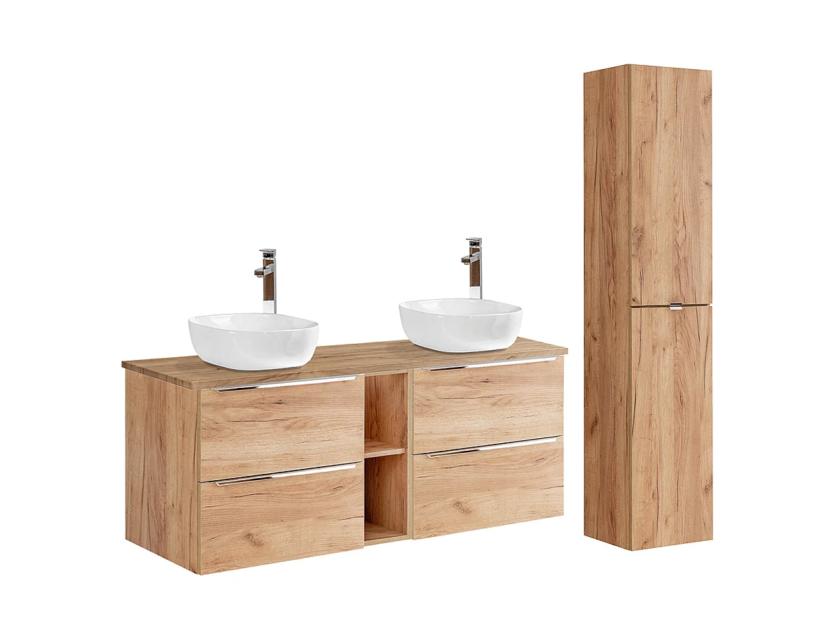 Dubbele wastafel 140cm 2 nissen en kolom April Hout