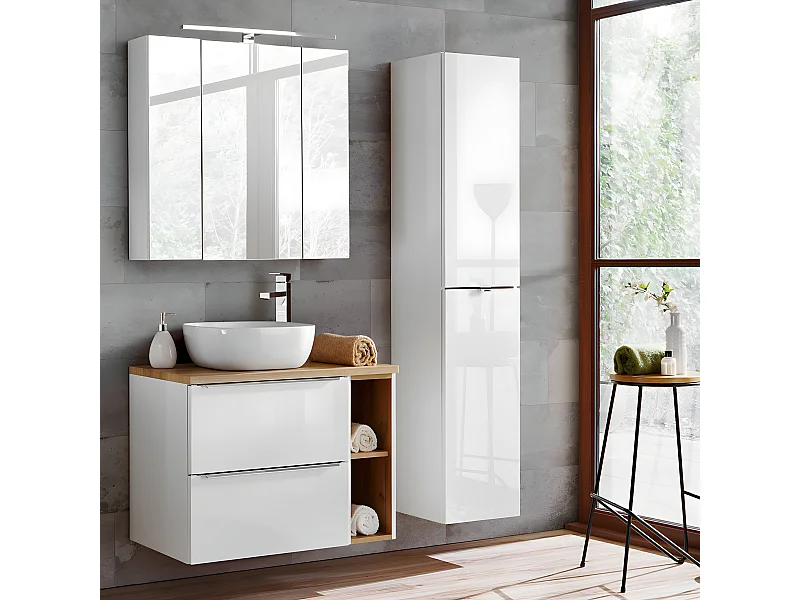 Enkele wastafel 80cm 2 nissen en zuil April Wit en Hout