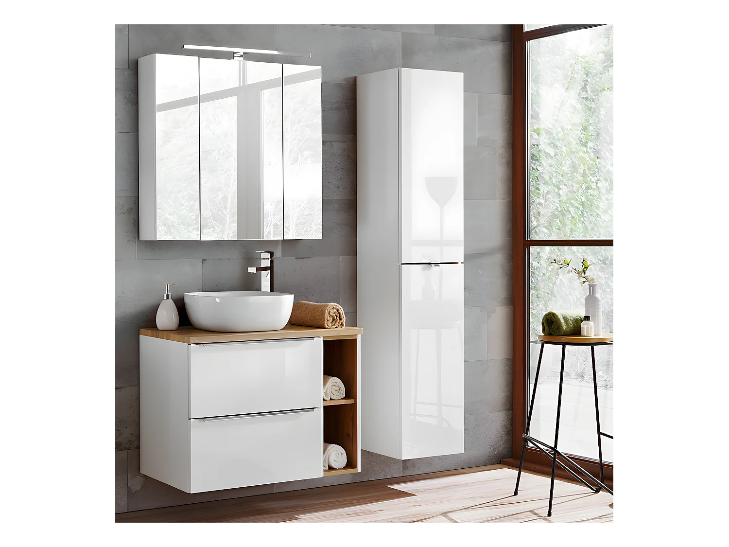 Ensemble meuble simple vasque 80cm 2 niches et colonne April Blanc et Bois