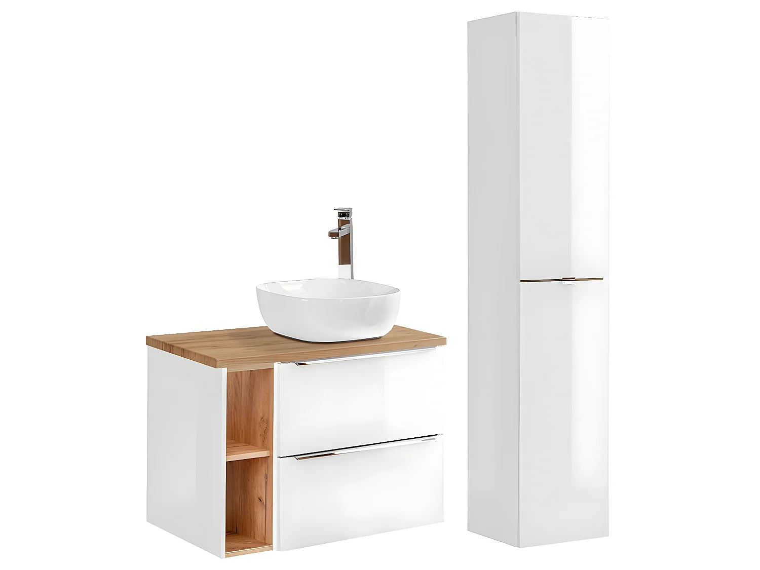 Conjunto mueble lavabo individual 80cm 2 nichos y columna April Blanco y Madera