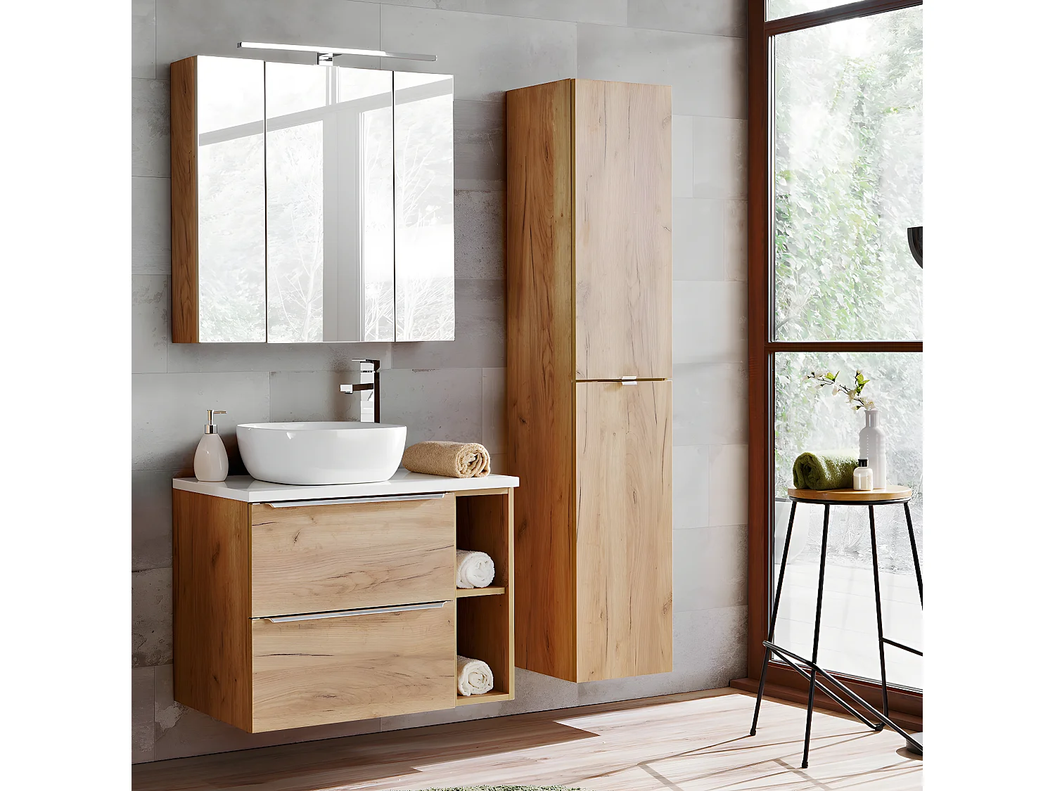 Ensemble meuble simple vasque 80cm 2 niches et colonne April Bois et Blanc