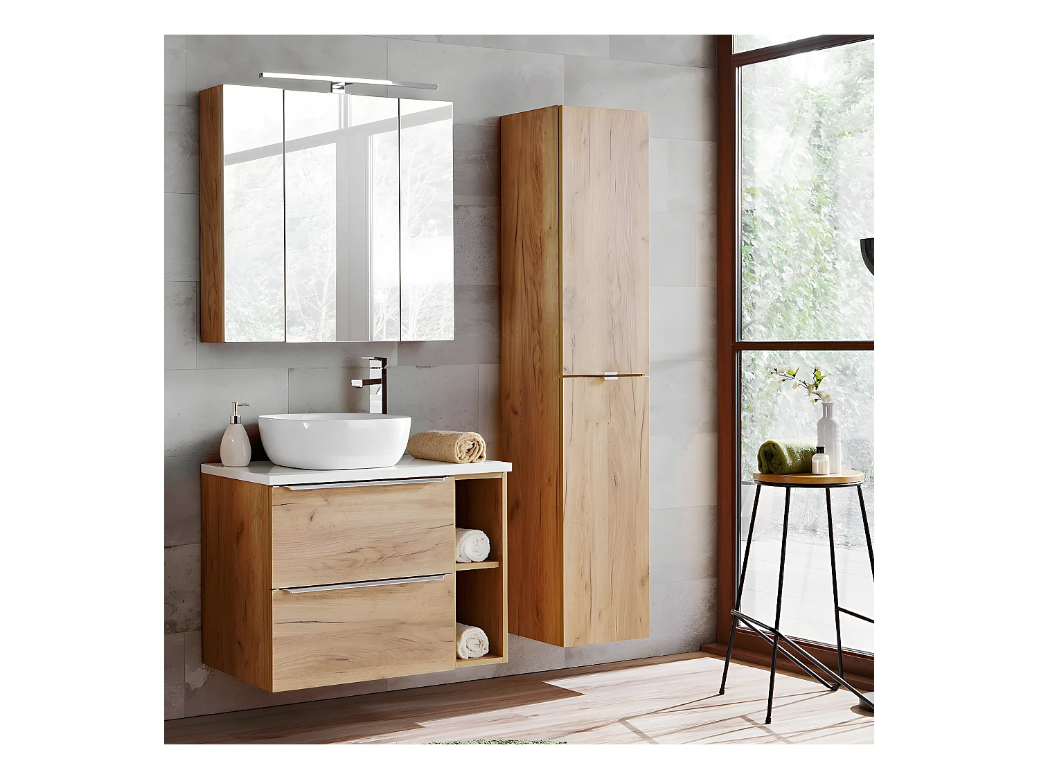 Ensemble meuble simple vasque 80cm 2 niches et colonne April Bois et Blanc