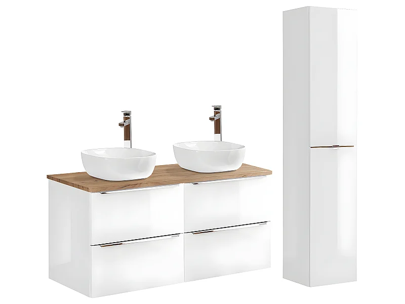 Conjunto mueble lavabo doble 120cm y columna April Blanco y Madera