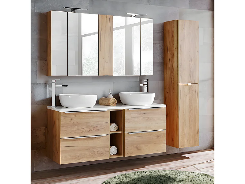 Conjunto mueble lavabo doble 140cm 2 nichos y columna April Madera y Blanco