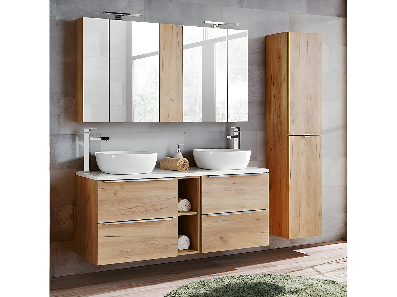 Conjunto mueble lavabo doble 140cm 2 nichos y columna April Madera y Blanco