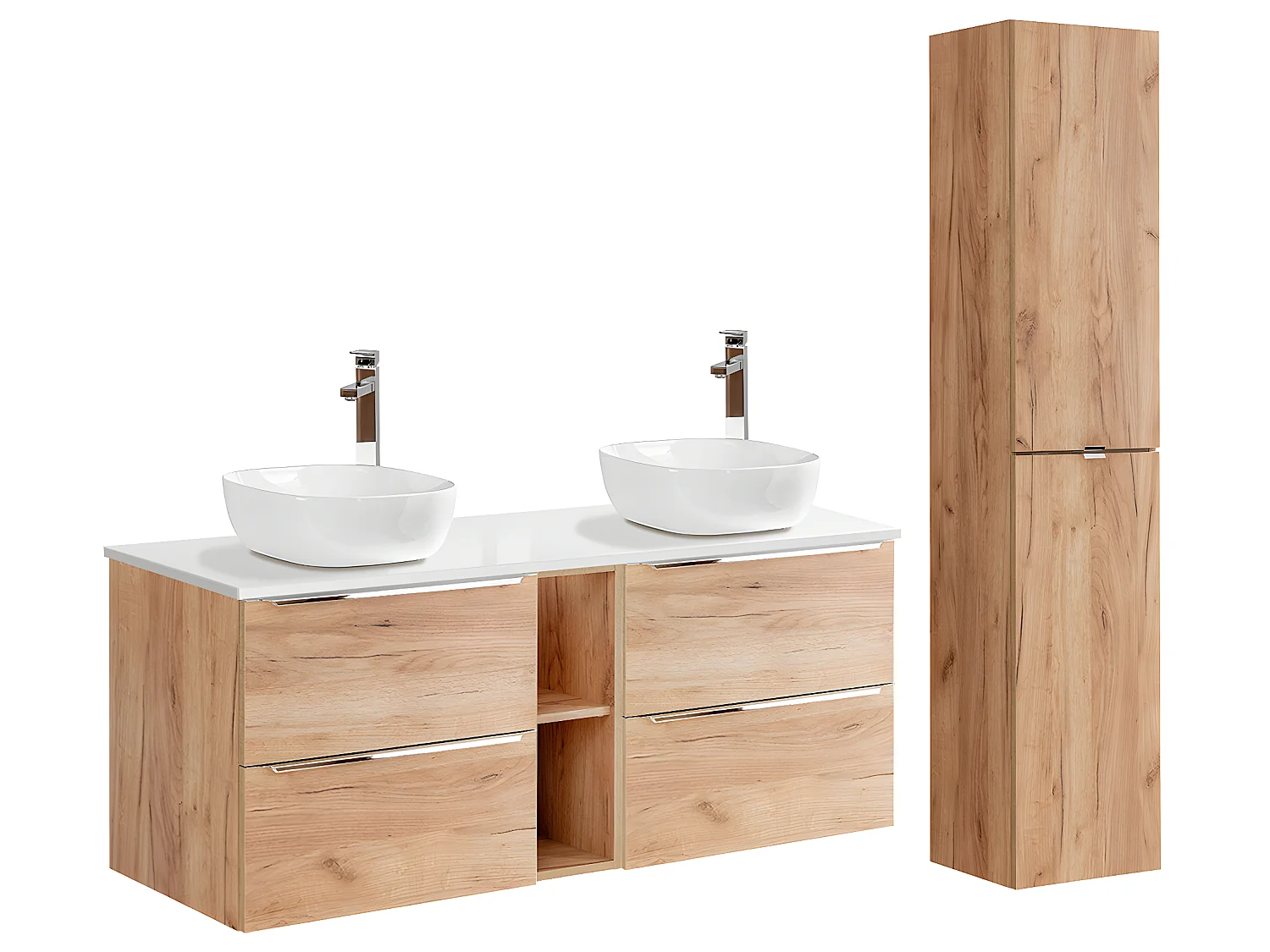 Conjunto mueble lavabo doble 140cm 2 nichos y columna April Madera y Blanco