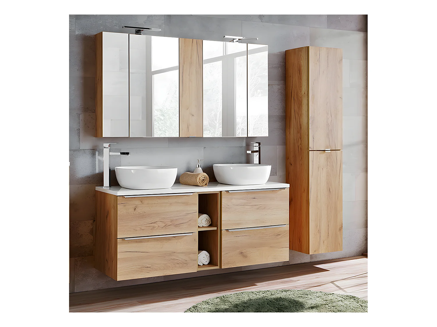 Ensemble meuble double vasque 140cm 2 niches et colonne April Bois et Blanc