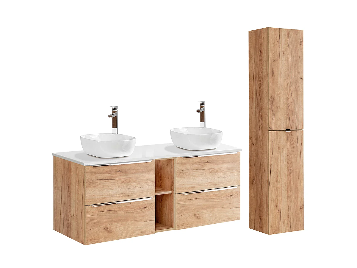 Dubbele wastafel 140cm 2 nissen en kolom April Hout en Wit