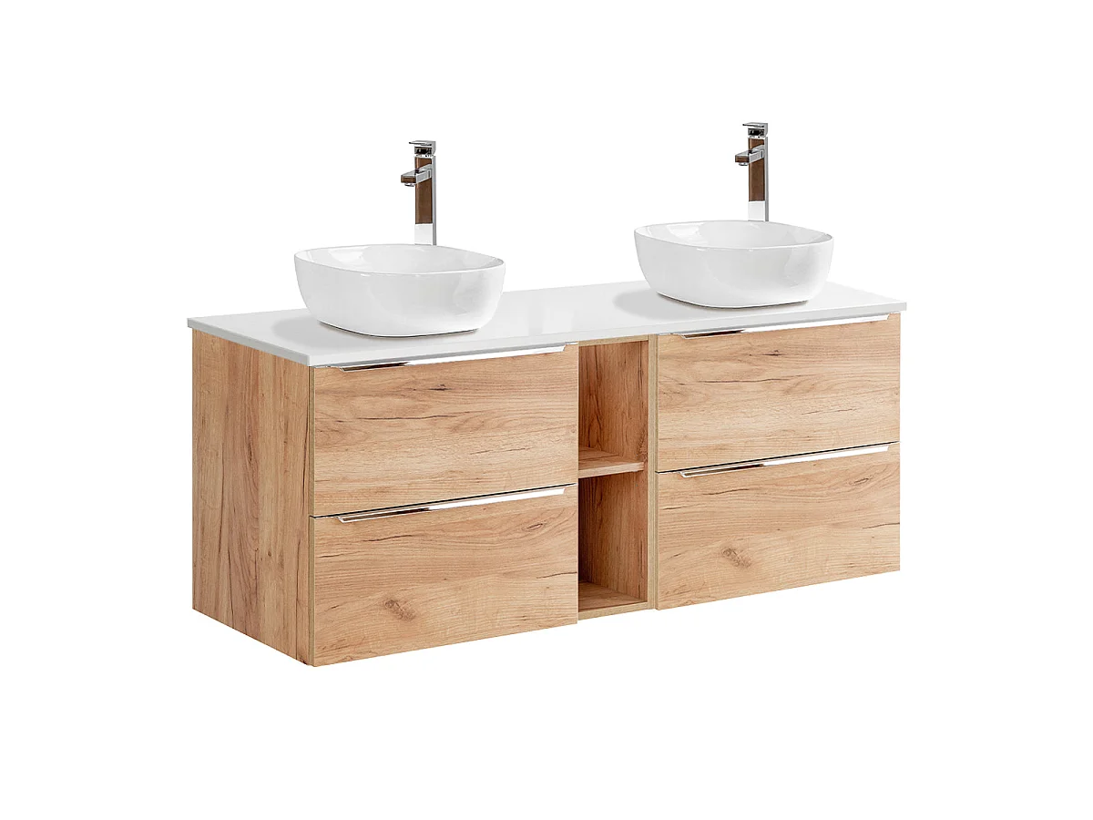 Dubbele wastafel 140cm 2 nissen en kolom April Hout en Wit