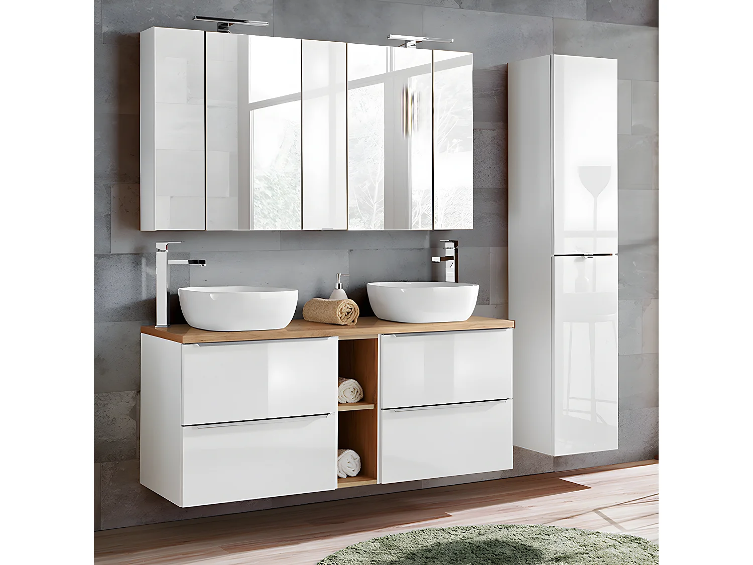 Ensemble meuble double vasque 140cm 2 niches et colonne April Blanc et Bois