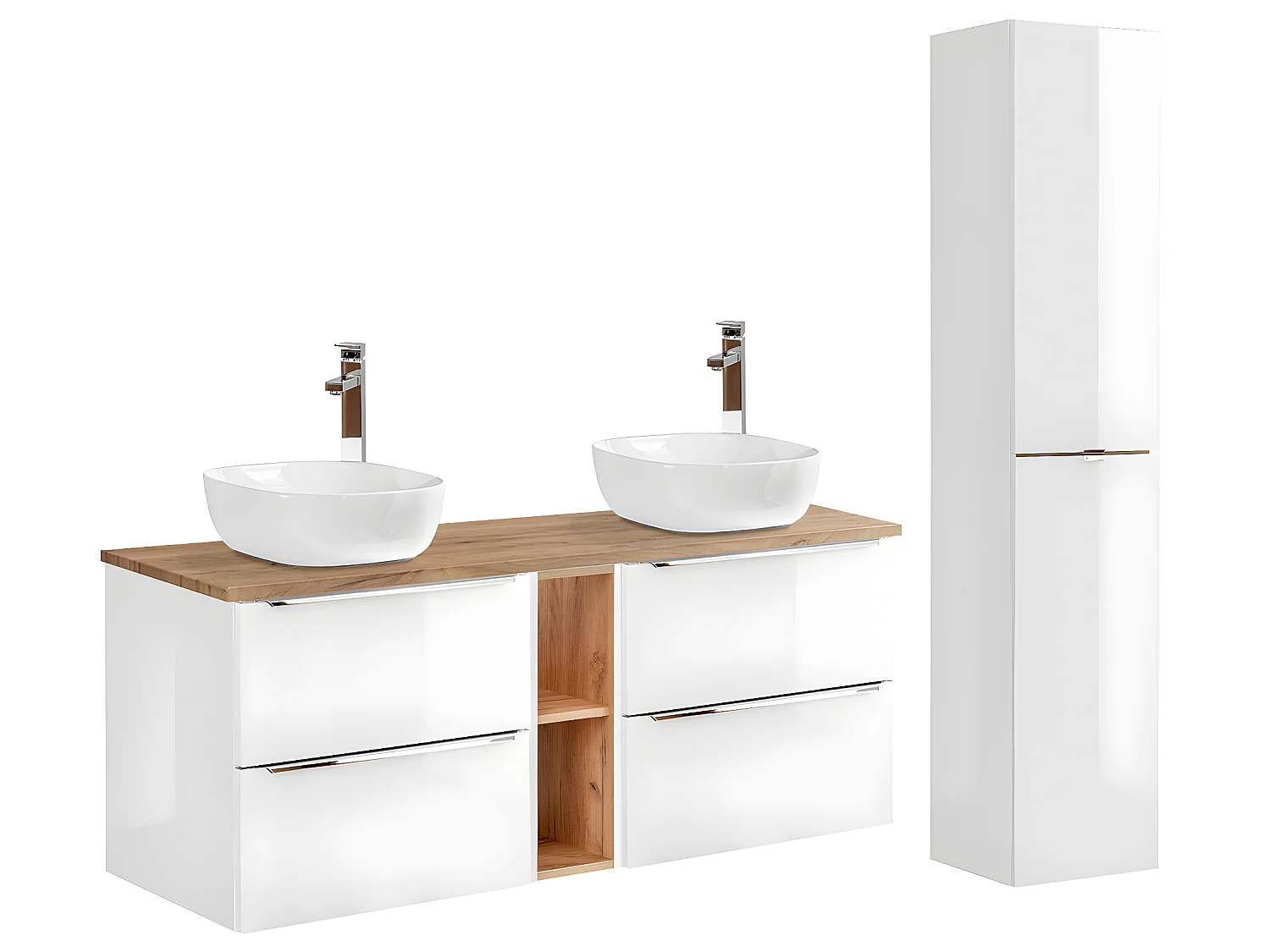 Ensemble meuble double vasque 140cm 2 niches et colonne April Blanc et Bois