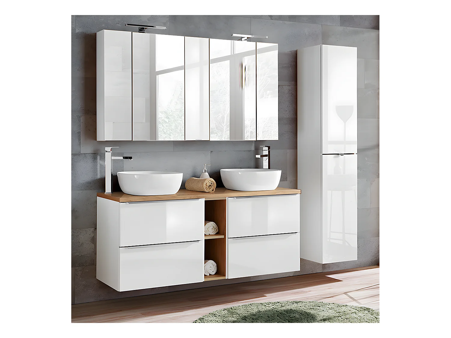 Conjunto mueble lavabo doble 140cm 2 nichos y columna April Blanco y Madera