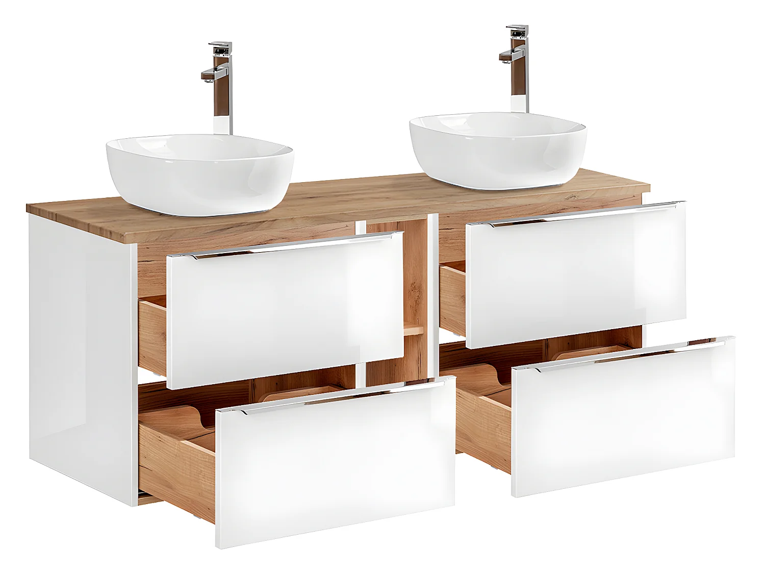 Conjunto mueble lavabo doble 140cm 2 nichos y columna April Blanco y Madera