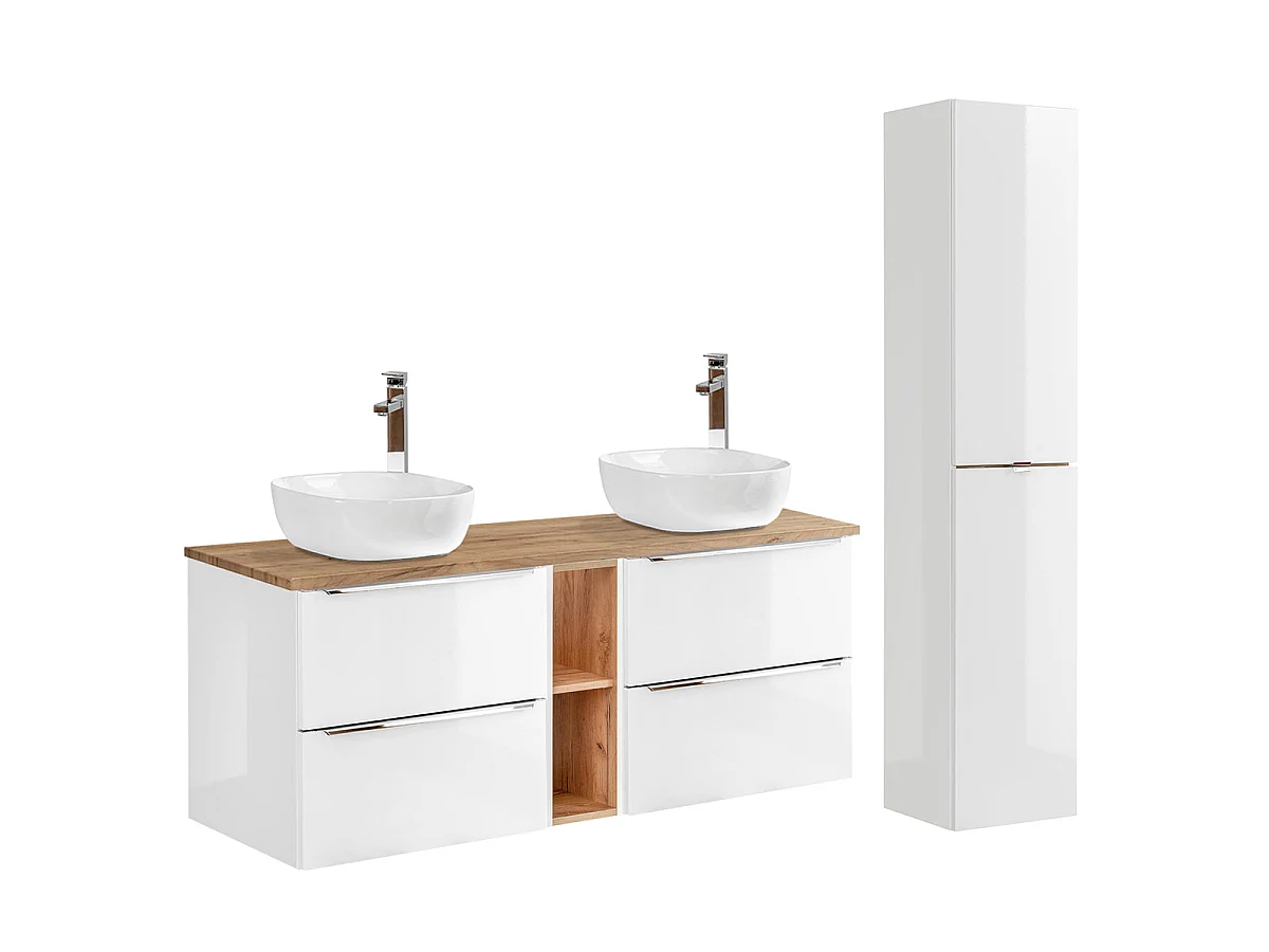 Conjunto móvel lavatório duplo 140cm 2 nichos e coluna Abril Branco e Madeira
