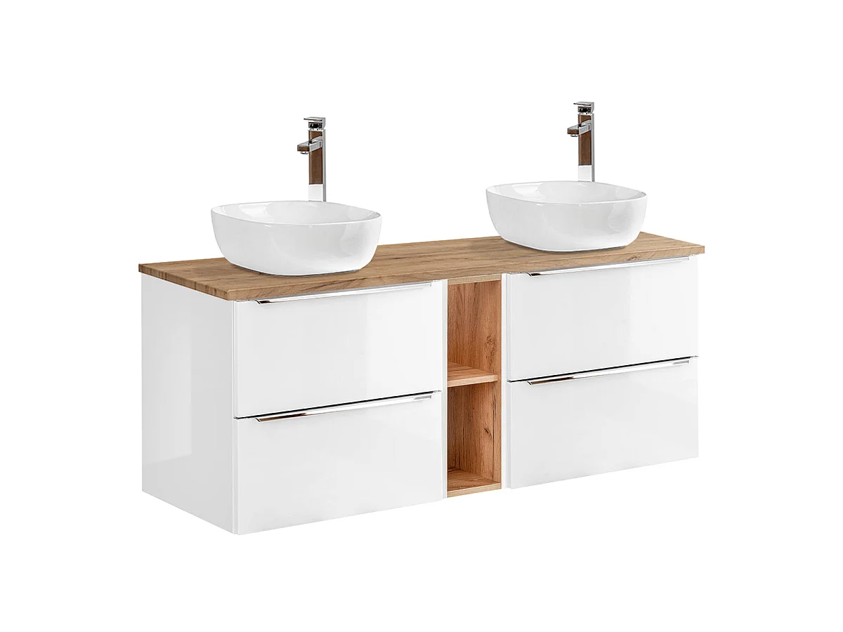 Conjunto móvel lavatório duplo 140cm 2 nichos e coluna Abril Branco e Madeira