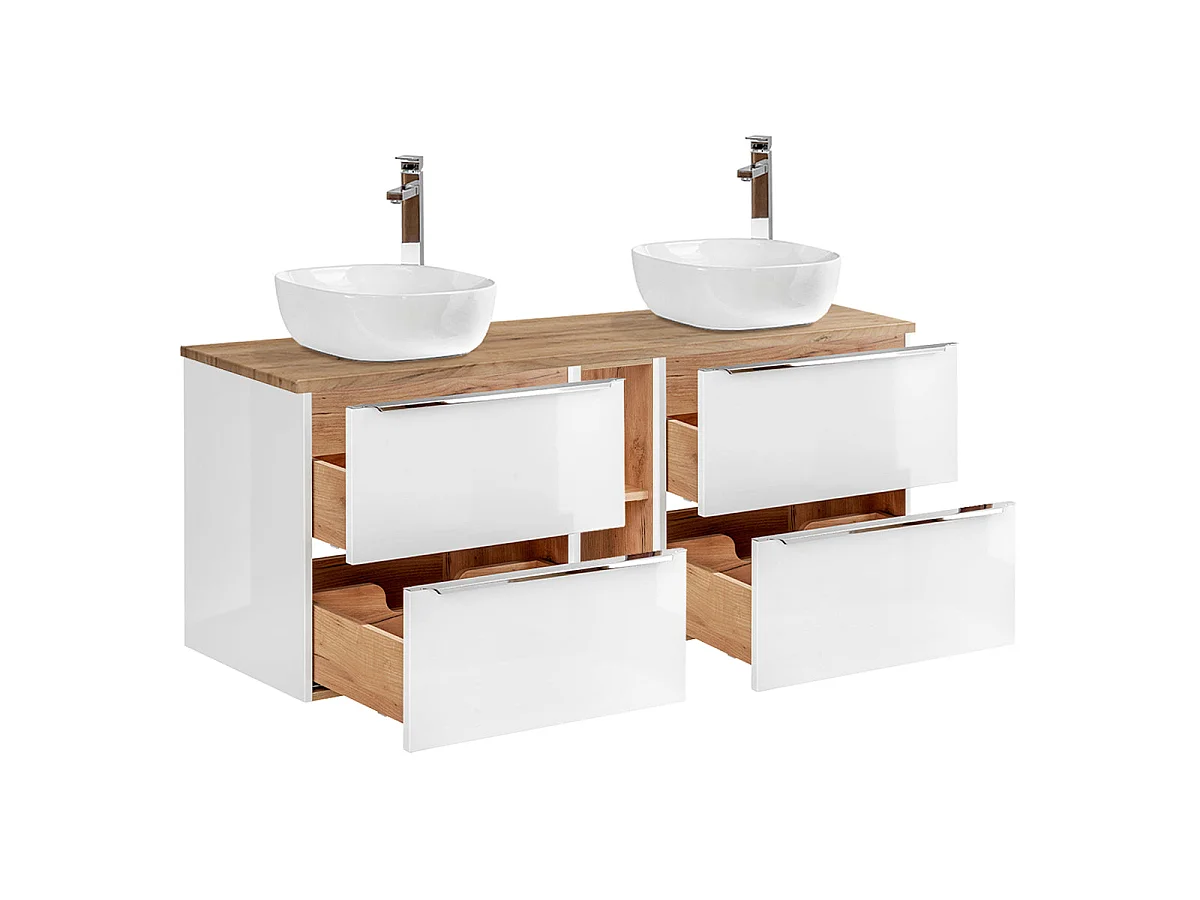 Conjunto móvel lavatório duplo 140cm 2 nichos e coluna Abril Branco e Madeira