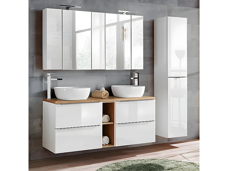 Conjunto mueble lavabo doble 140cm 2 nichos y columna April Blanco y Madera