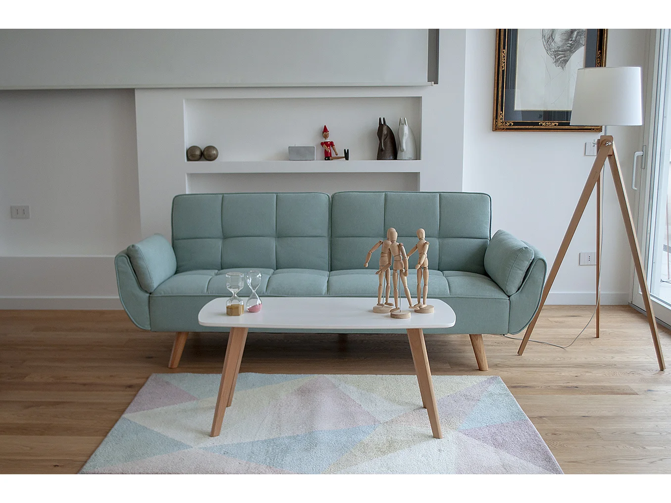 Divano letto clic clac in tessuto vellutato verde tiffany - Ambra piede legno naturale