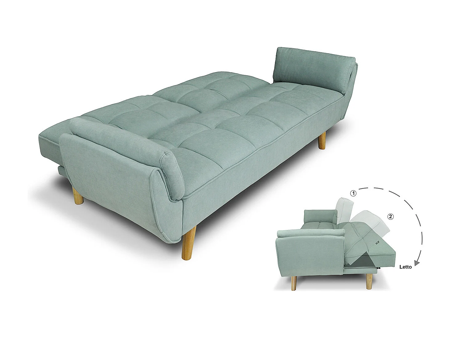 Divano letto clic clac in tessuto vellutato verde tiffany - Ambra piede legno naturale