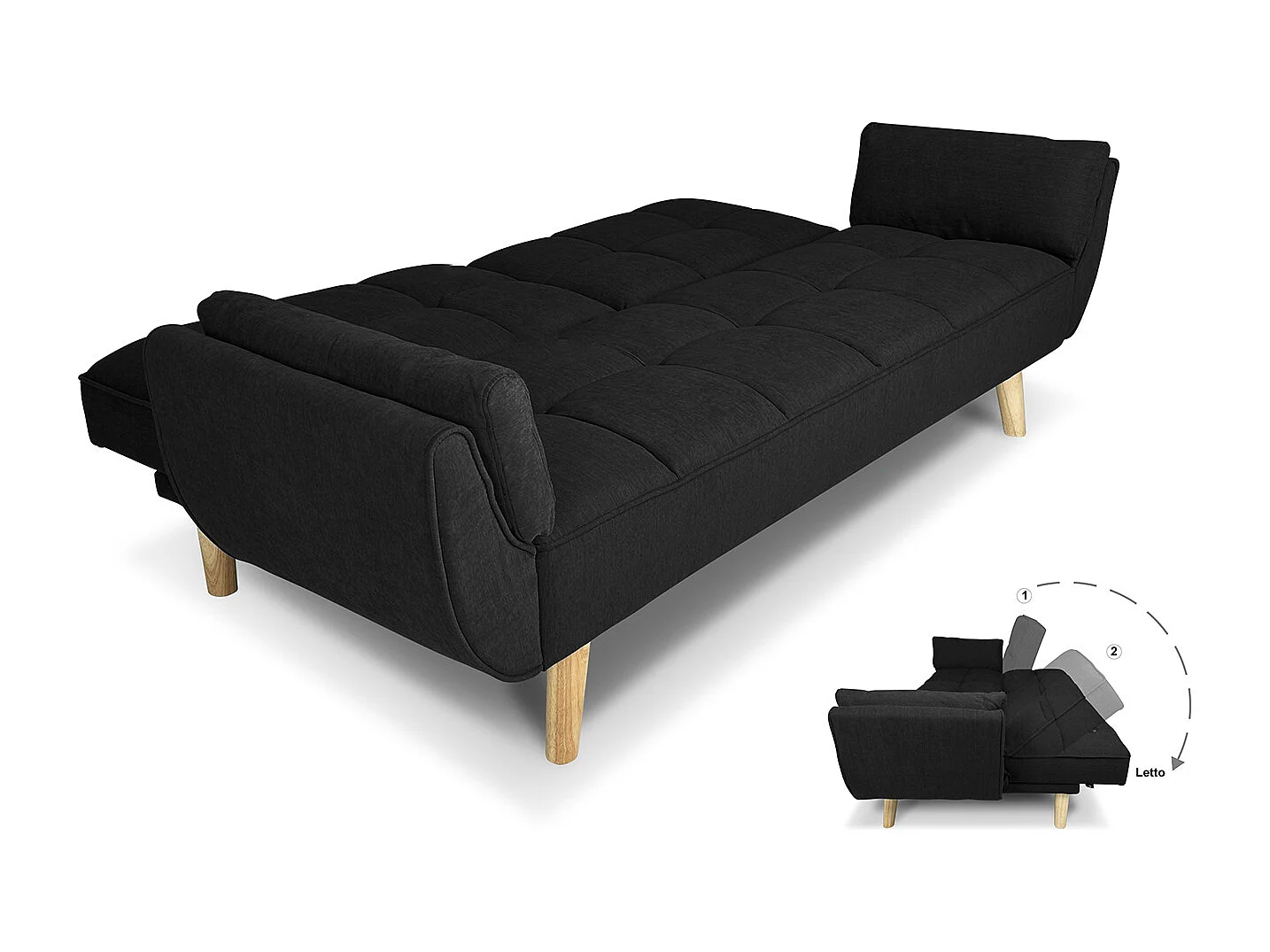 Divano letto clic clac in tessuto vellutato nero - Ambra piede legno naturale