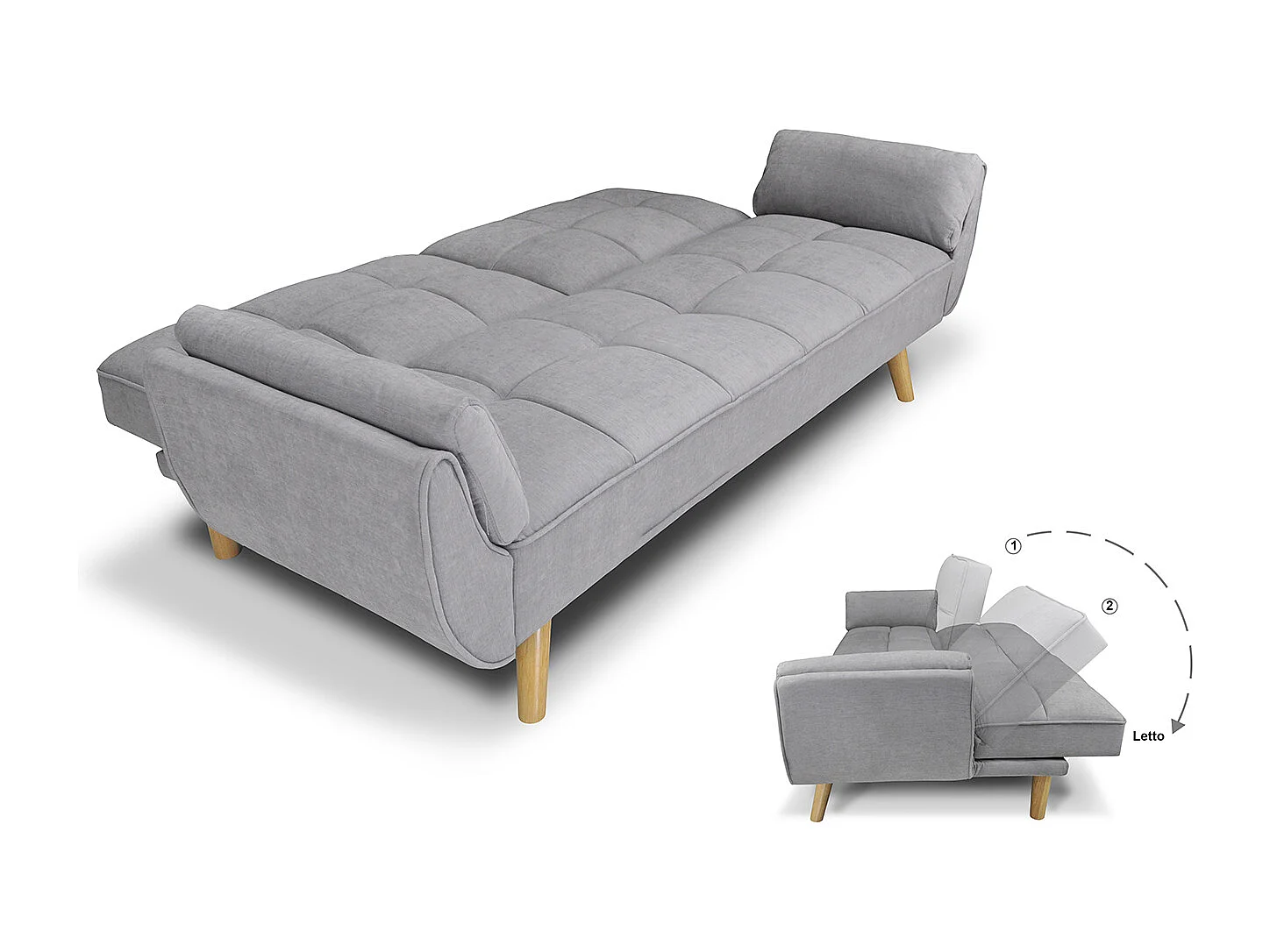 Divano letto clic clac in tessuto vellutato grigio chiaro - Ambra piede legno naturale