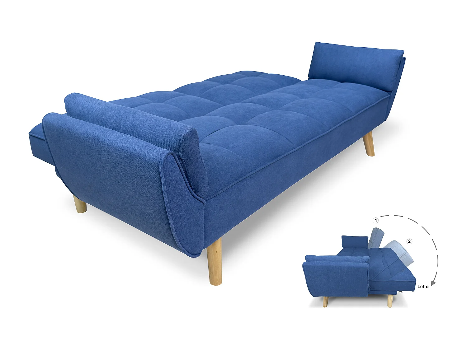 Divano letto clic clac in tessuto vellutato blu - Ambra piede legno naturale