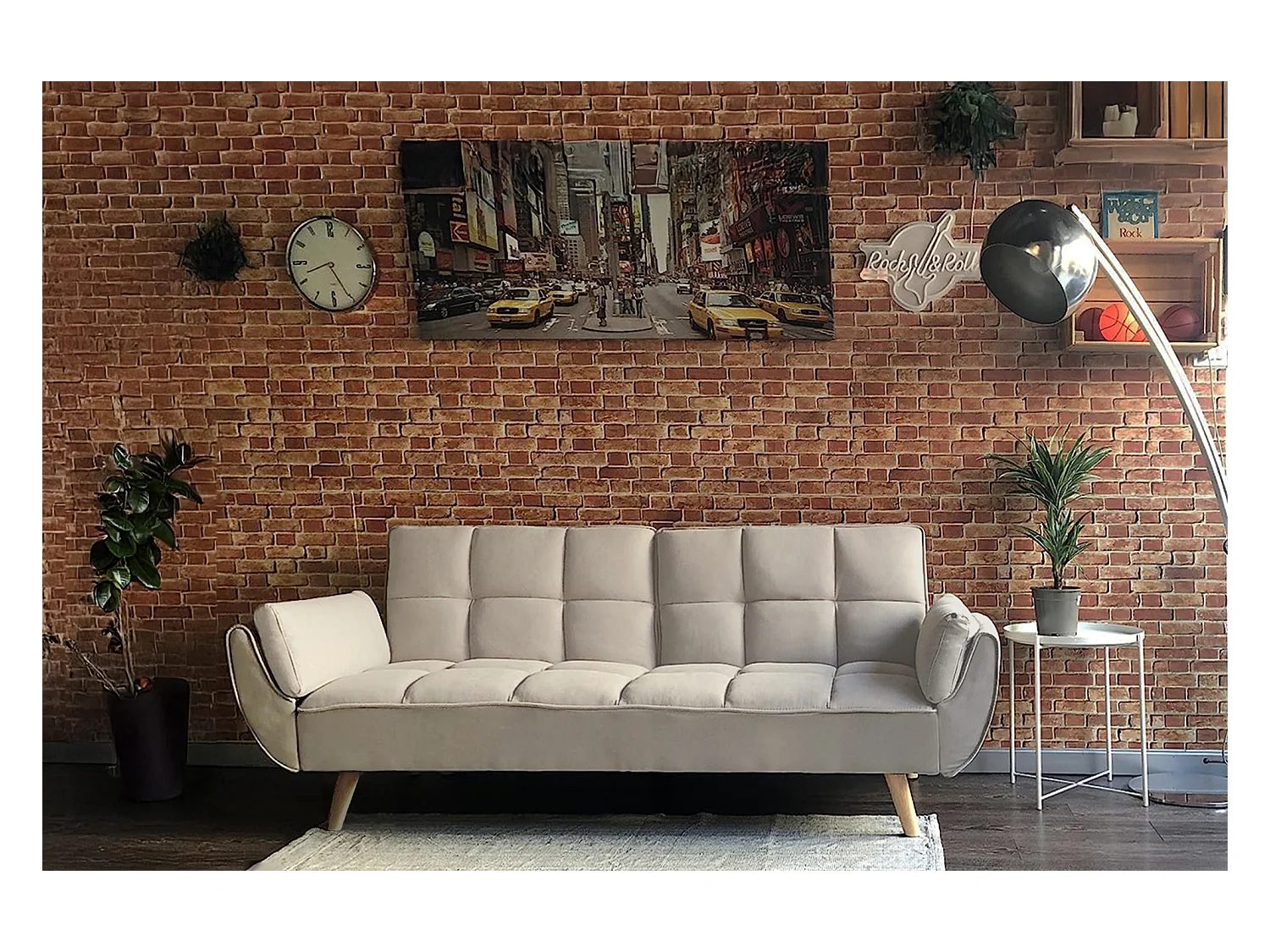 Divano letto clic clac in tessuto vellutato tortora - Ambra piede legno naturale