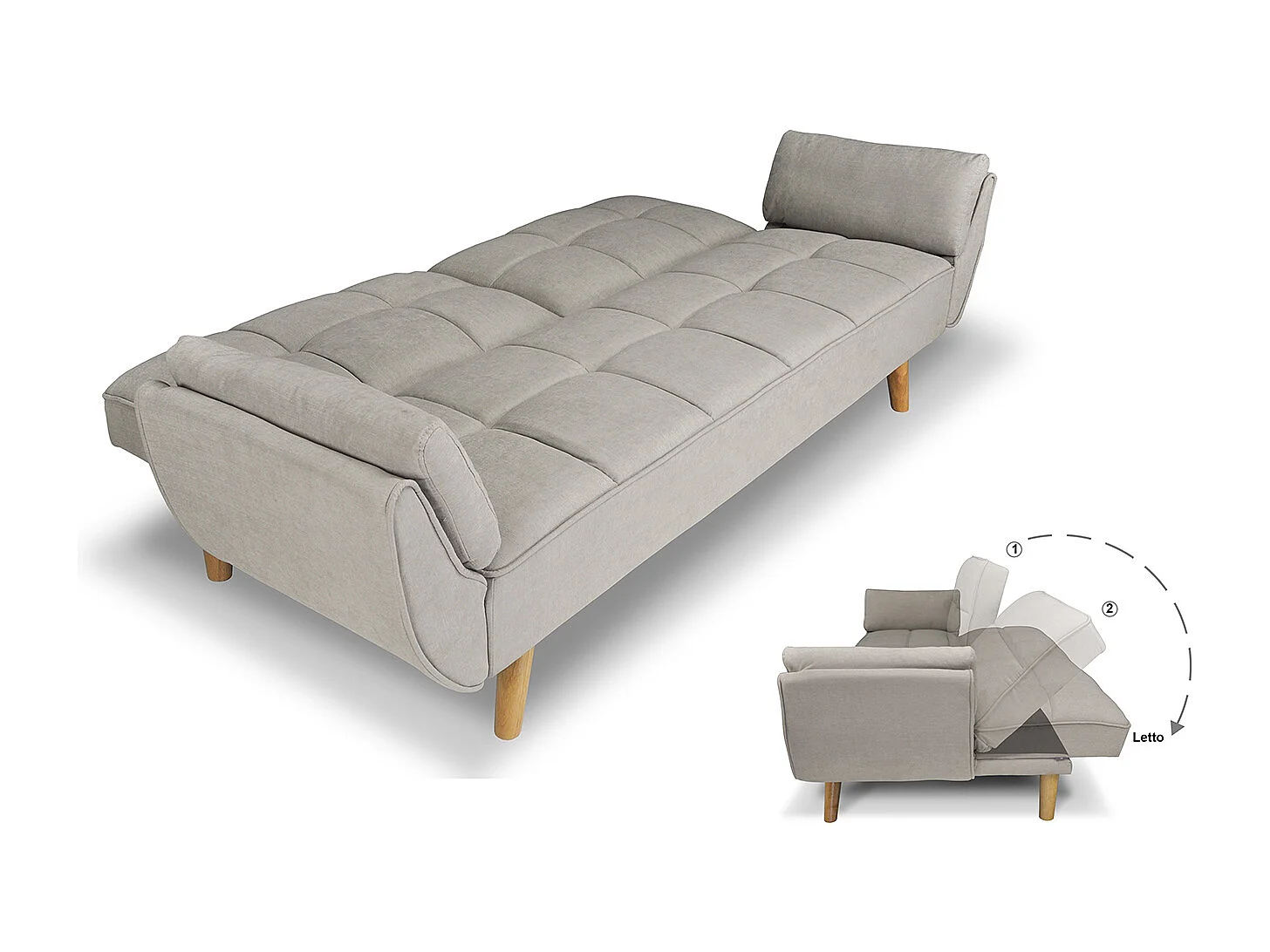 Divano letto clic clac in tessuto vellutato tortora - Ambra piede legno naturale