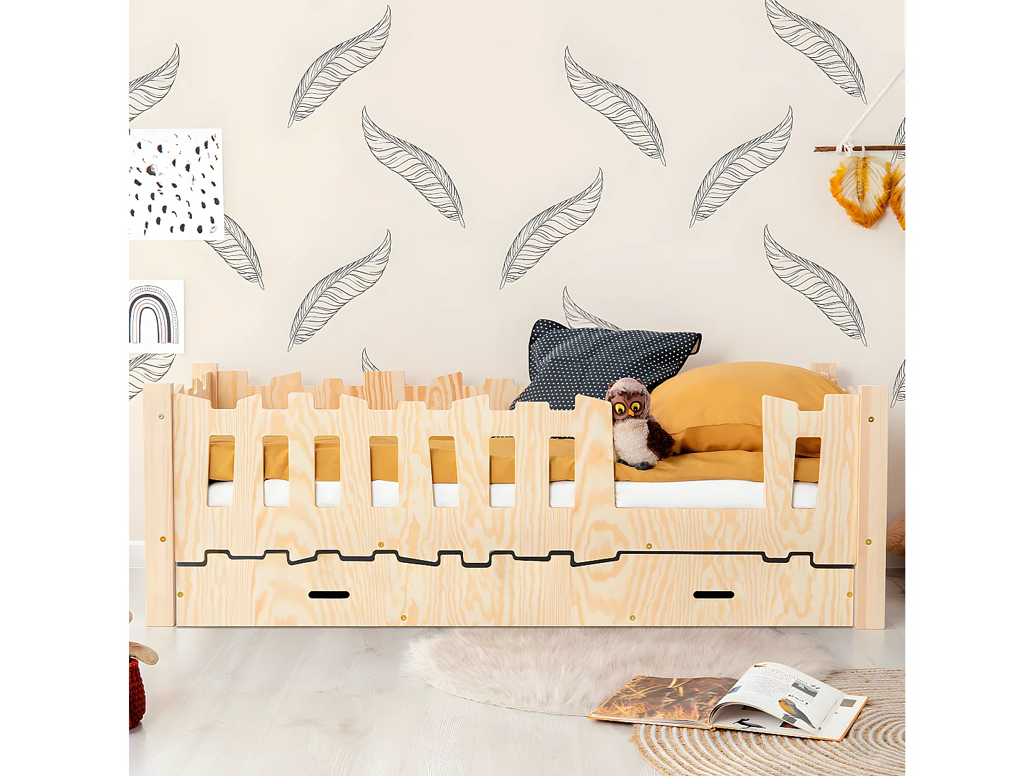 Cama 70x140 entrada direita incluindo base e gaveta Hans Wood