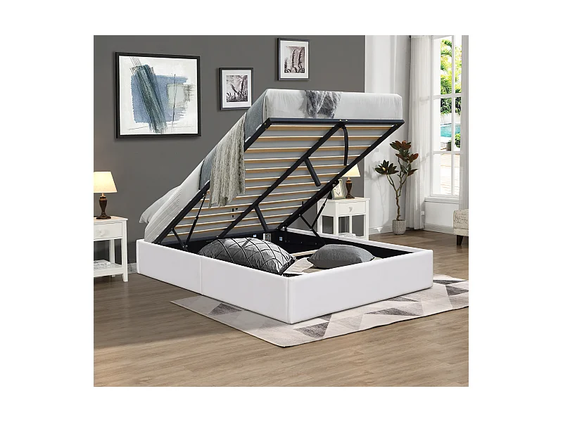 Lit coffre blanc Loris 120x190 cm avec 12 lattes - Montage rapide, entretien facile PVC simili