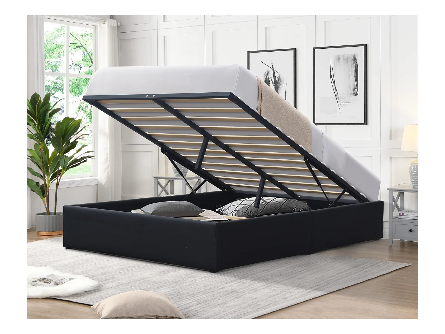 Lit coffre noir 140x190 cm avec 2 x 12 lattes - Montage rapide et entretien facile PVC simili
