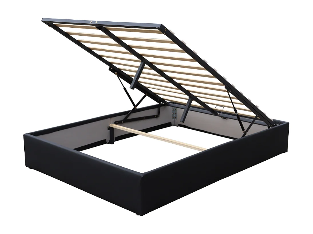 Lit coffre noir 140x190 cm avec 2 x 12 lattes - Montage rapide et entretien facile PVC simili