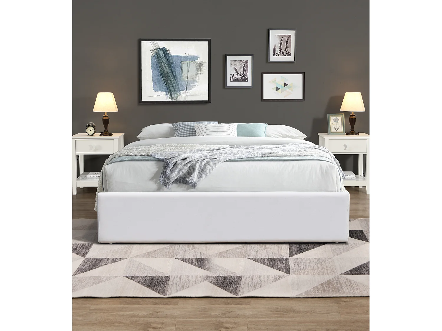 Lit Coffre blanc Loris 140x190 cm avec pieds matelas 2x12 lattes revêtement PVC facile entretien