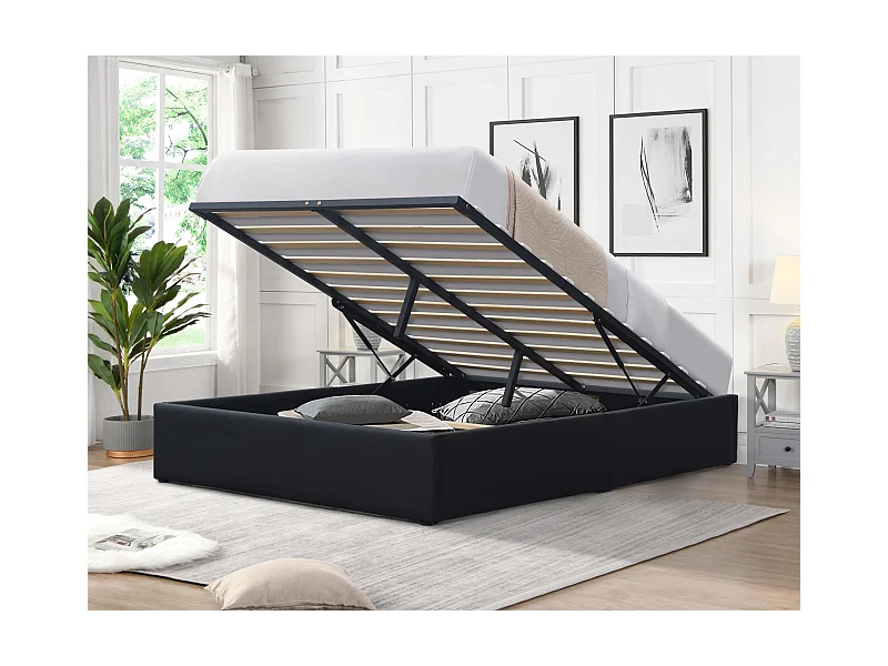 Lit Coffre noir avec pieds pour matelas 120x190 cm - 12 lattes - Montage rapide et facile