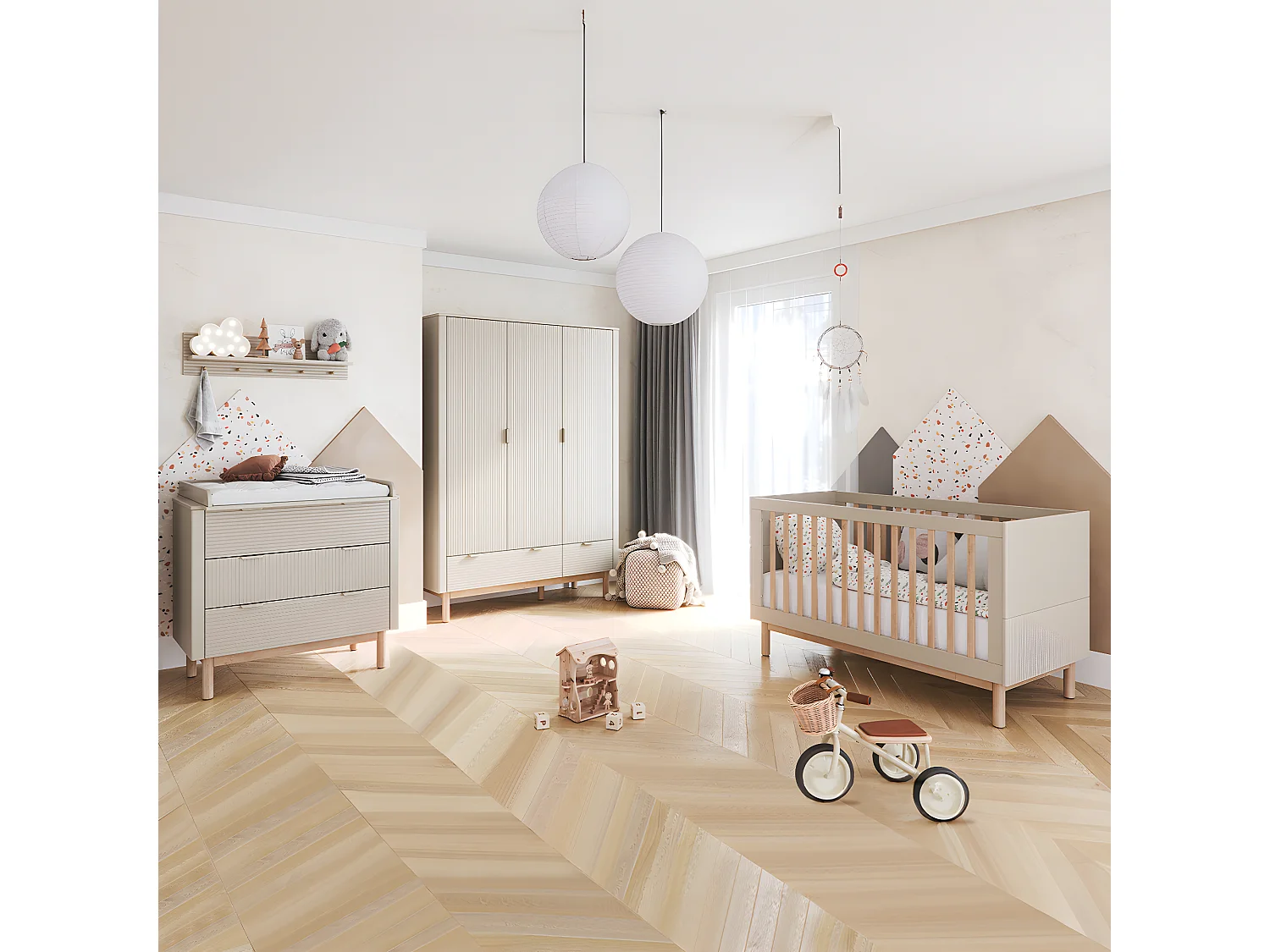 Chambre complète lit évolutif 60x120 commode à langer et armoire 3 portes Miloo Champagne