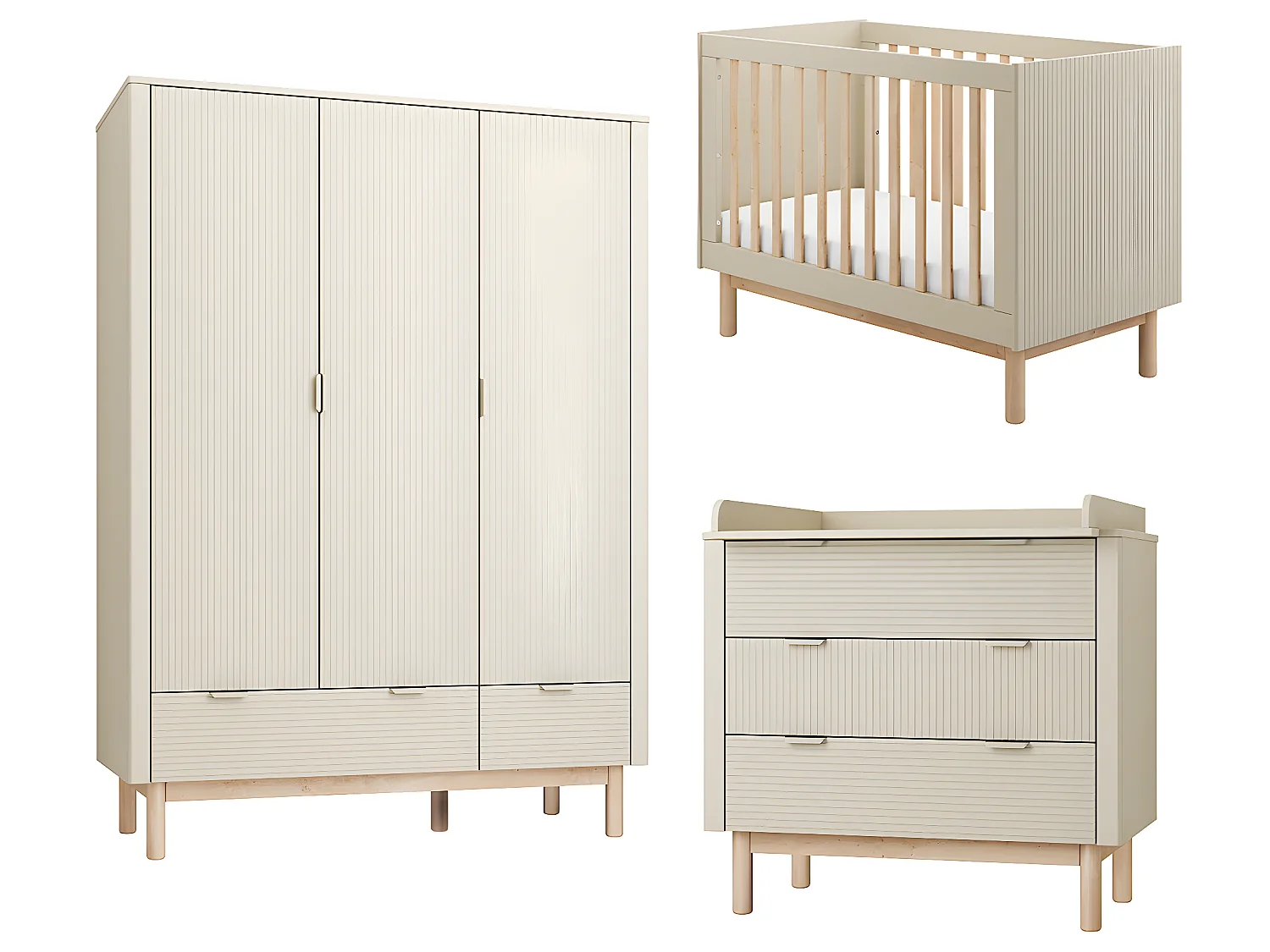 Chambre complète lit évolutif 60x120 commode à langer et armoire 3 portes Miloo Champagne