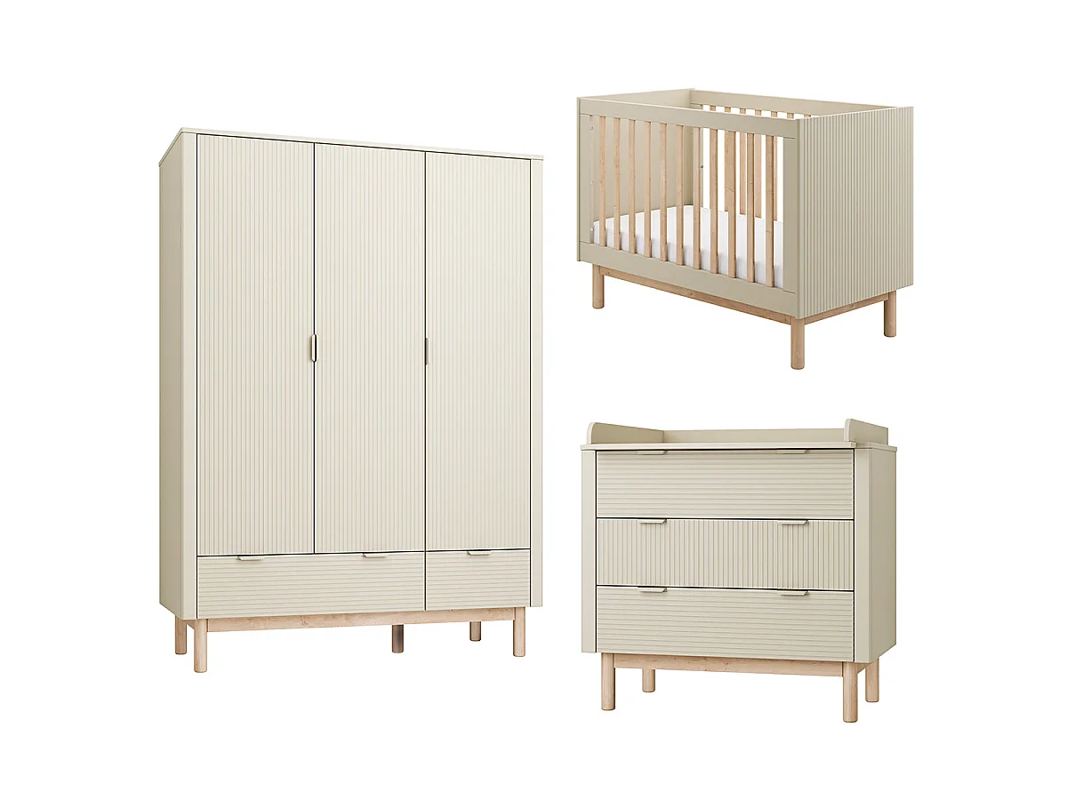 Chambre complète lit évolutif 60x120 commode à langer et armoire 3 portes Miloo Champagne