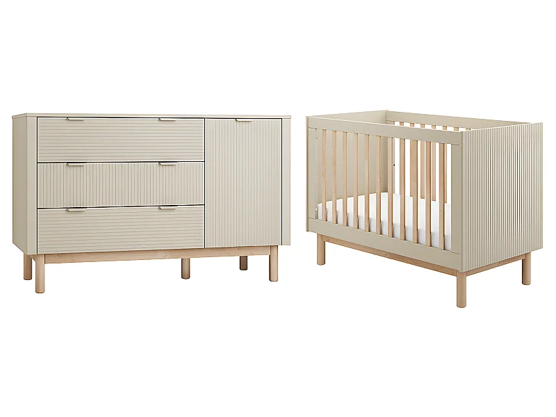 Lit évolutif 60x120 et commode 3 tiroirs 1 porte Miloo Champagne