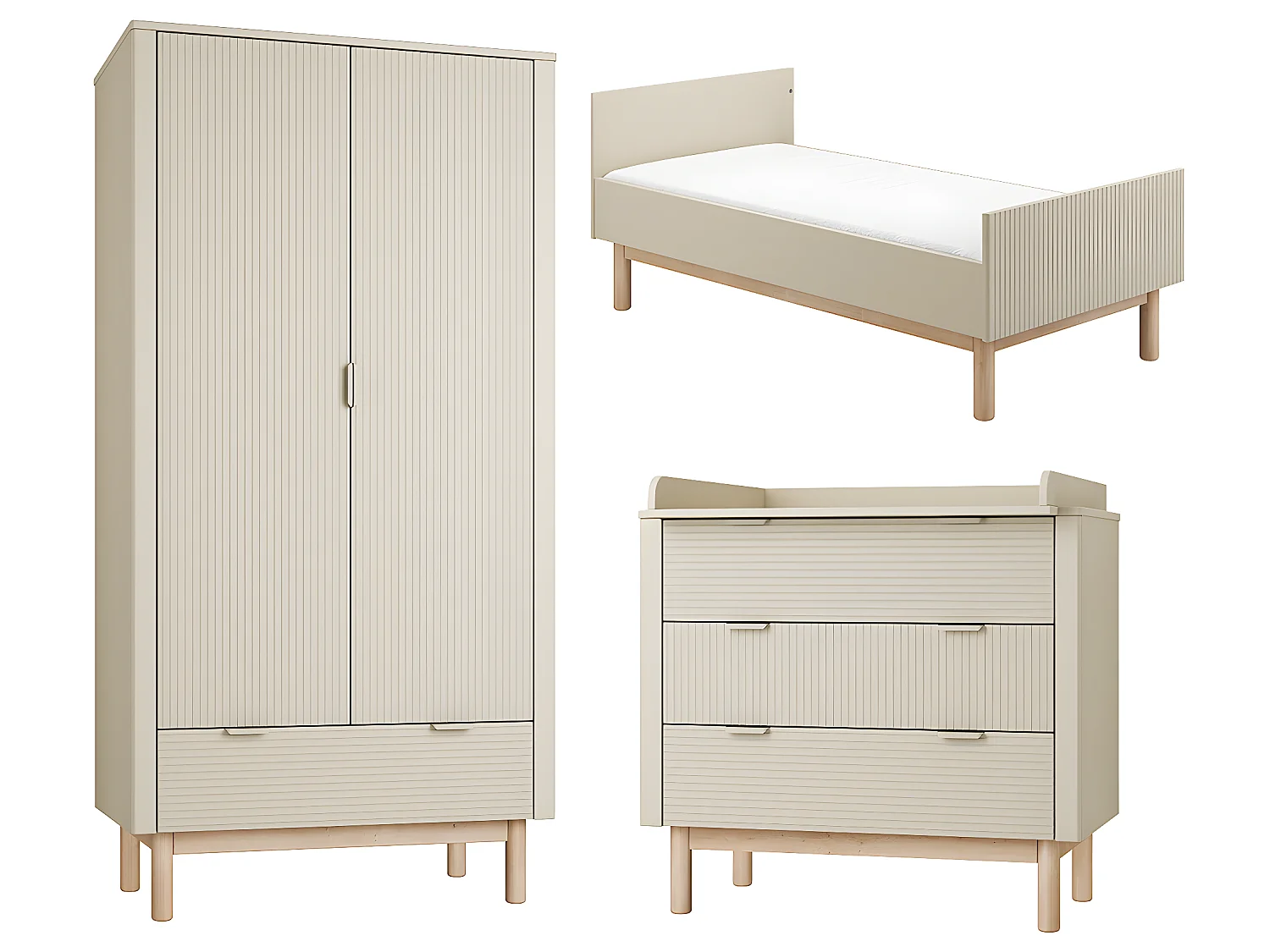 Chambre complète lit évolutif 70x140 commode à langer et armoire 2 portes Miloo Champagne