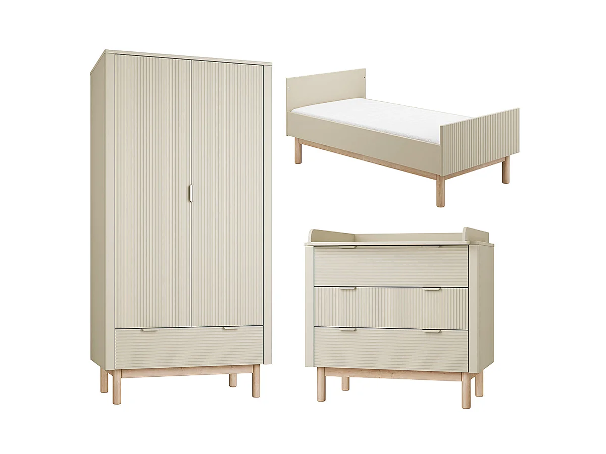 Chambre complète lit évolutif 70x140 commode à langer et armoire 2 portes Miloo Champagne