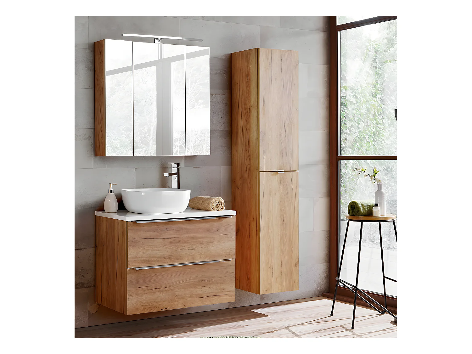 Ensemble meuble simple vasque 80cm et colonne April Bois et Blanc