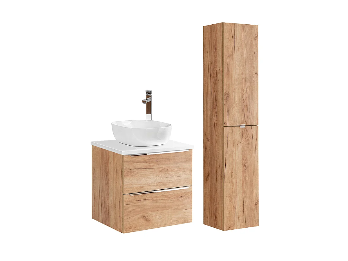60cm enkele wastafel met April hout en witte kolom