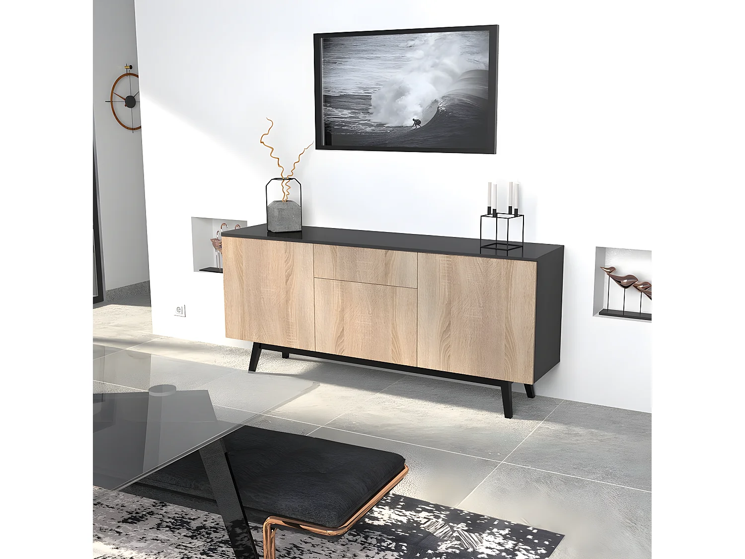 Bahut HOME 3 portes 1 tiroir / Décor Noir et Chêne Blanchi