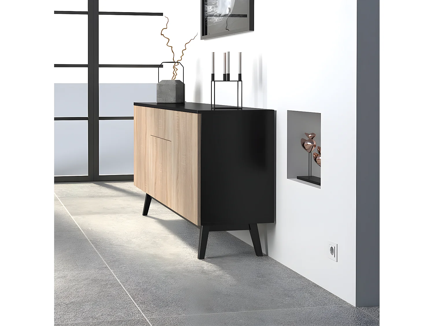 Bahut HOME 3 portes 1 tiroir / Décor Noir et Chêne Blanchi